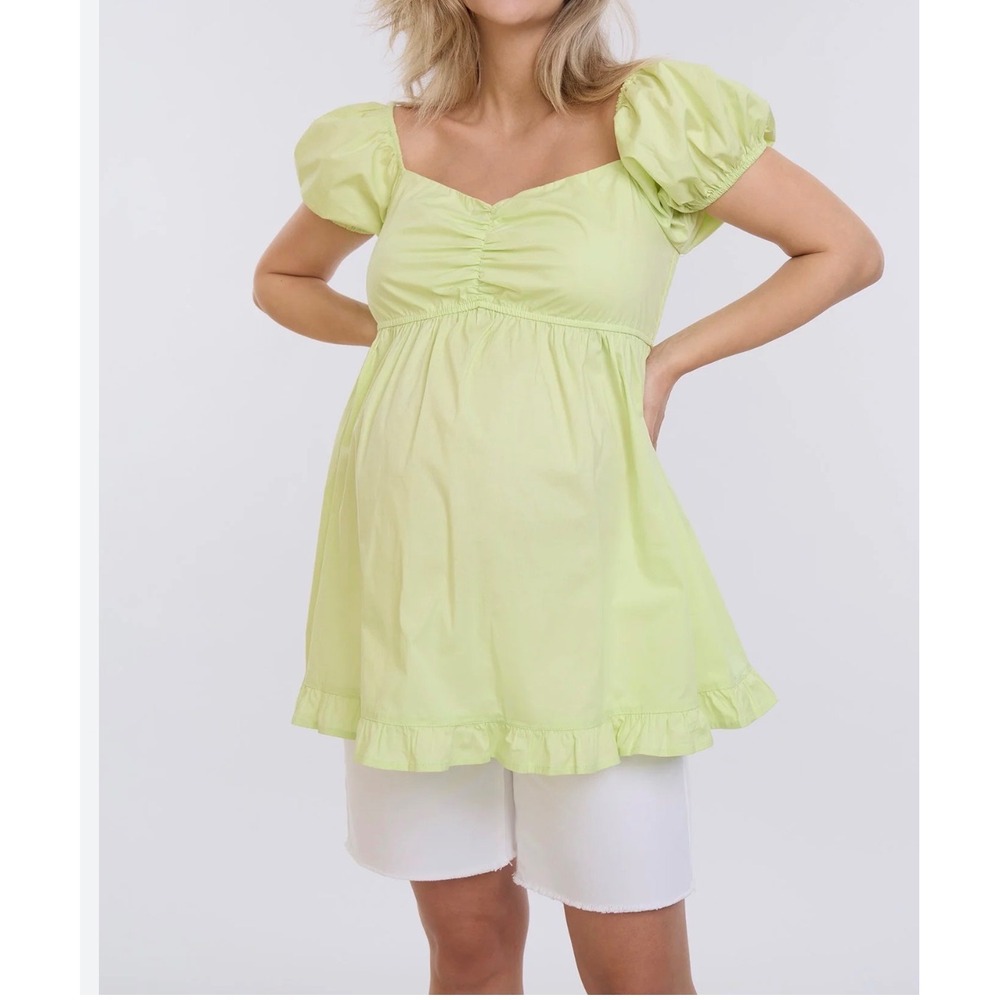 Motherhood Maternity Top Women L Lime Green Excellent Puff Sleeve Smocked Back